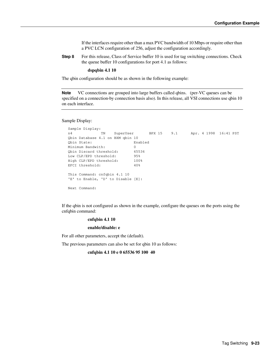 Cisco Systems 8600 Series manual Dspqbin 4.1, Cnfqbin 4.1 Enable/disable e, Cnfqbin 4.1 10 e 0 65536 95 100 