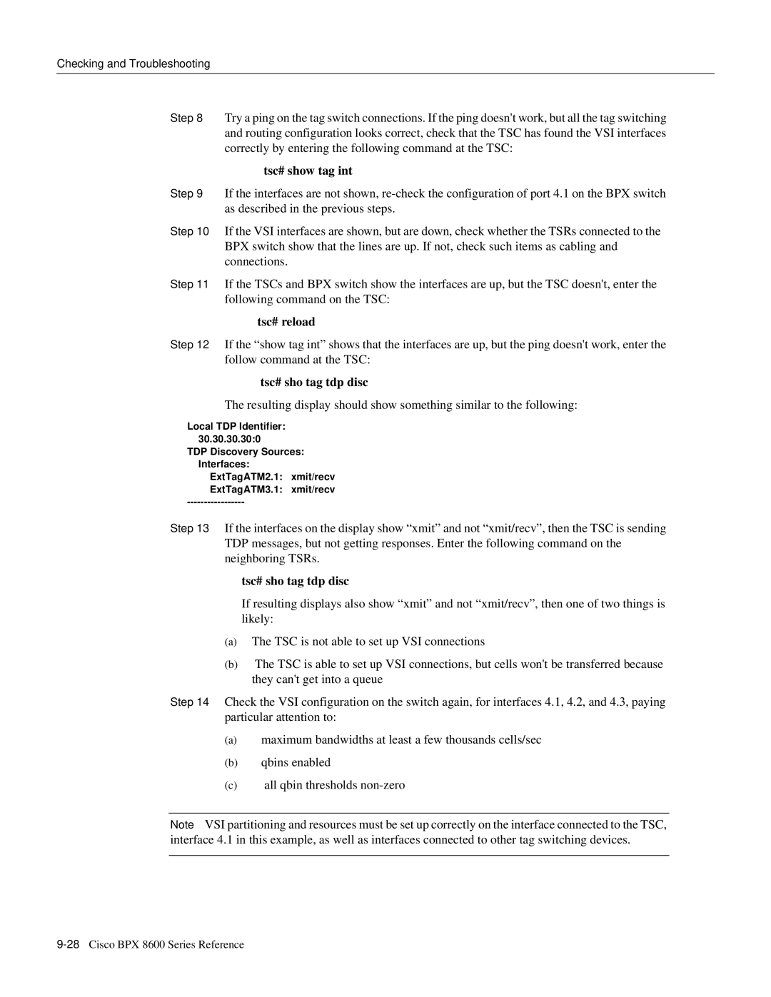 Cisco Systems 8600 Series manual Tsc# show tag int, Tsc# reload, Tsc# sho tag tdp disc 