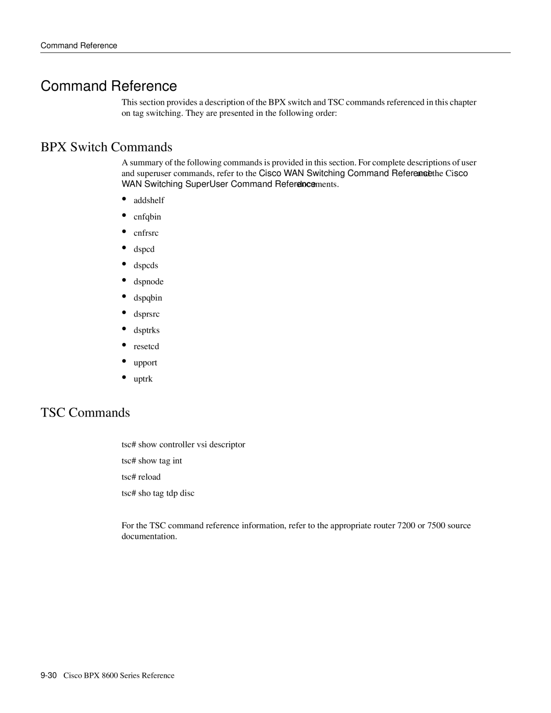 Cisco Systems 8600 Series manual Command Reference, BPX Switch Commands, TSC Commands 