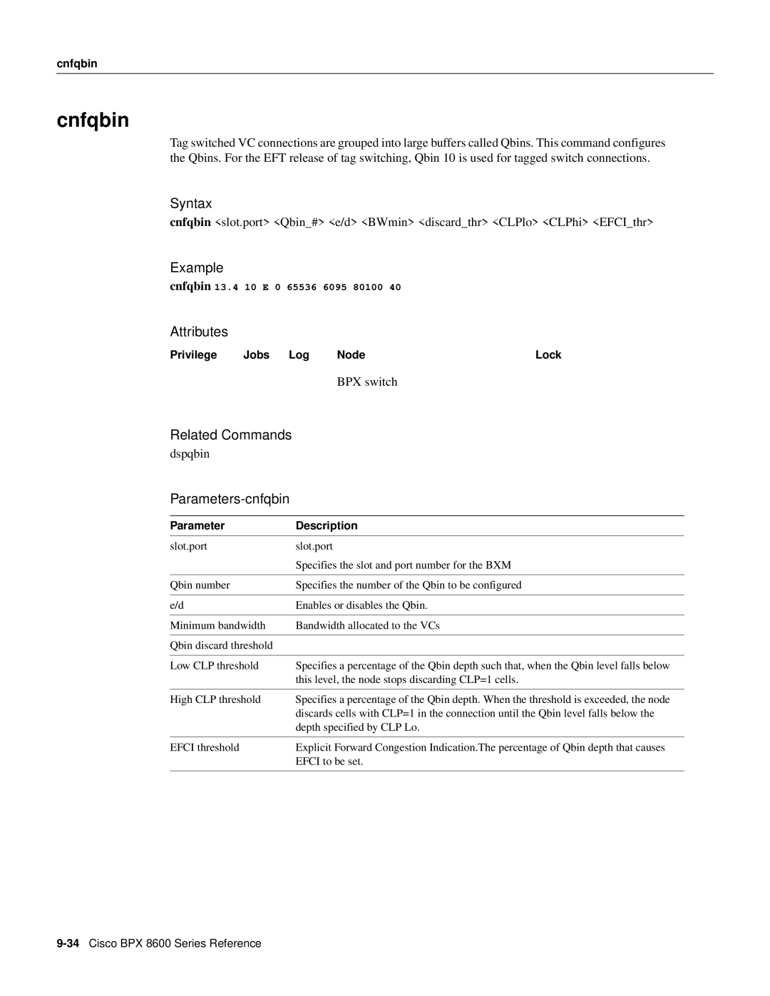 Cisco Systems 8600 Series manual Cnfqbin, Example, Related Commands dspqbin Parameters-cnfqbin, BPX switch 