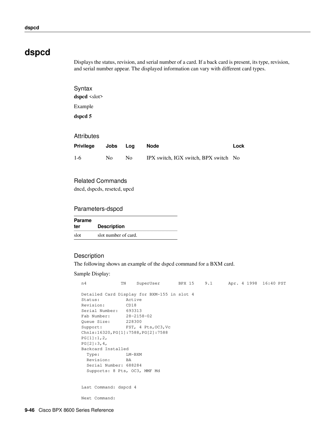 Cisco Systems 8600 Series manual Dspcd, Parameters-dspcd, IPX switch, IGX switch, BPX switch, Parame Ter Description 