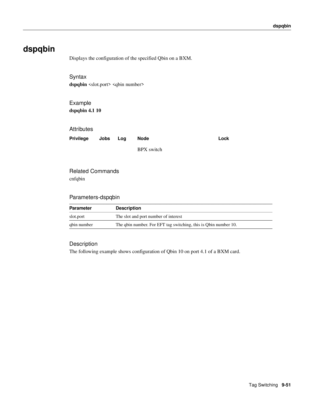 Cisco Systems 8600 Series manual Dspqbin, Related Commands cnfqbin Parameters-dspqbin, Example dspqbin 4.1 