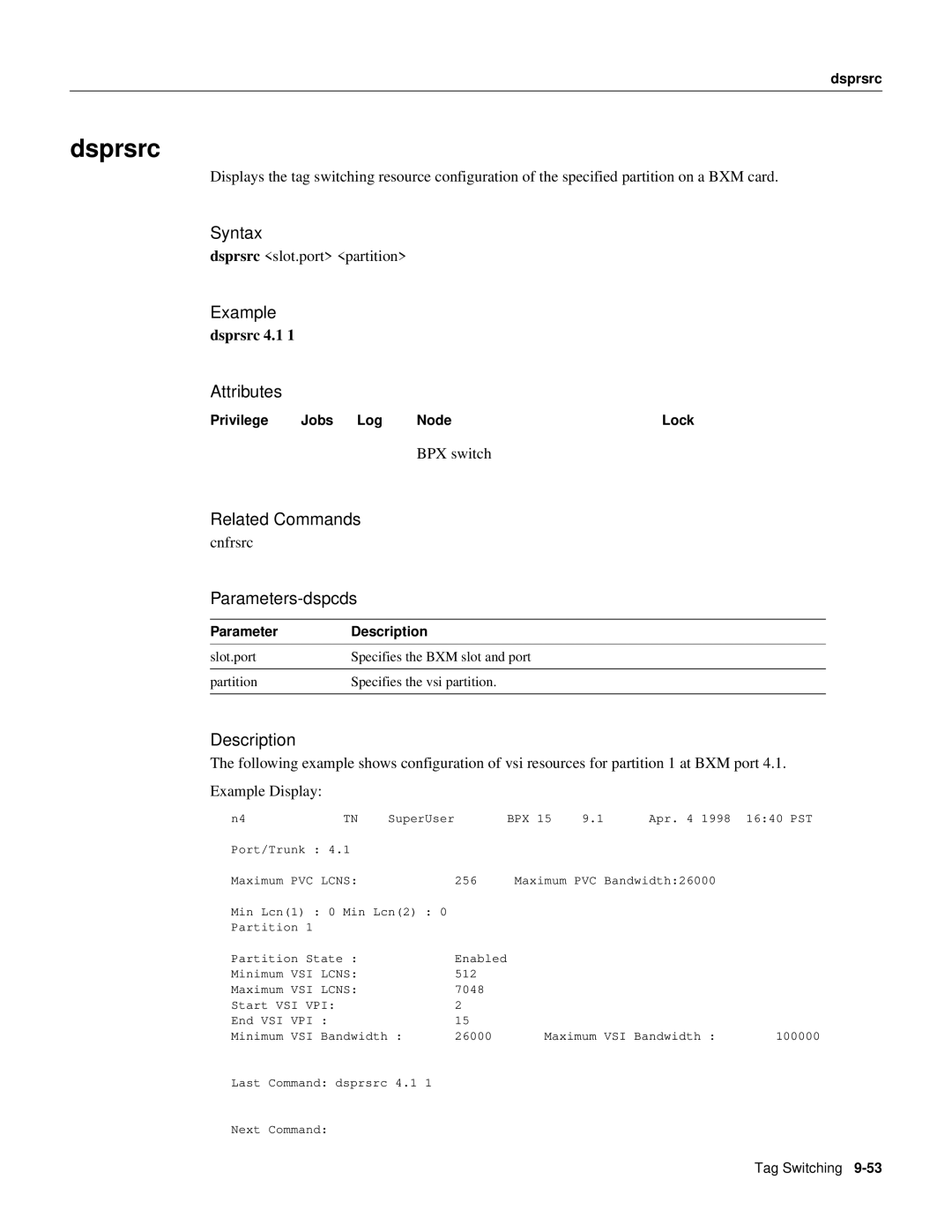 Cisco Systems 8600 Series manual Dsprsrc, Related Commands cnfrsrc Parameters-dspcds, Example dsprsrc 4.1 