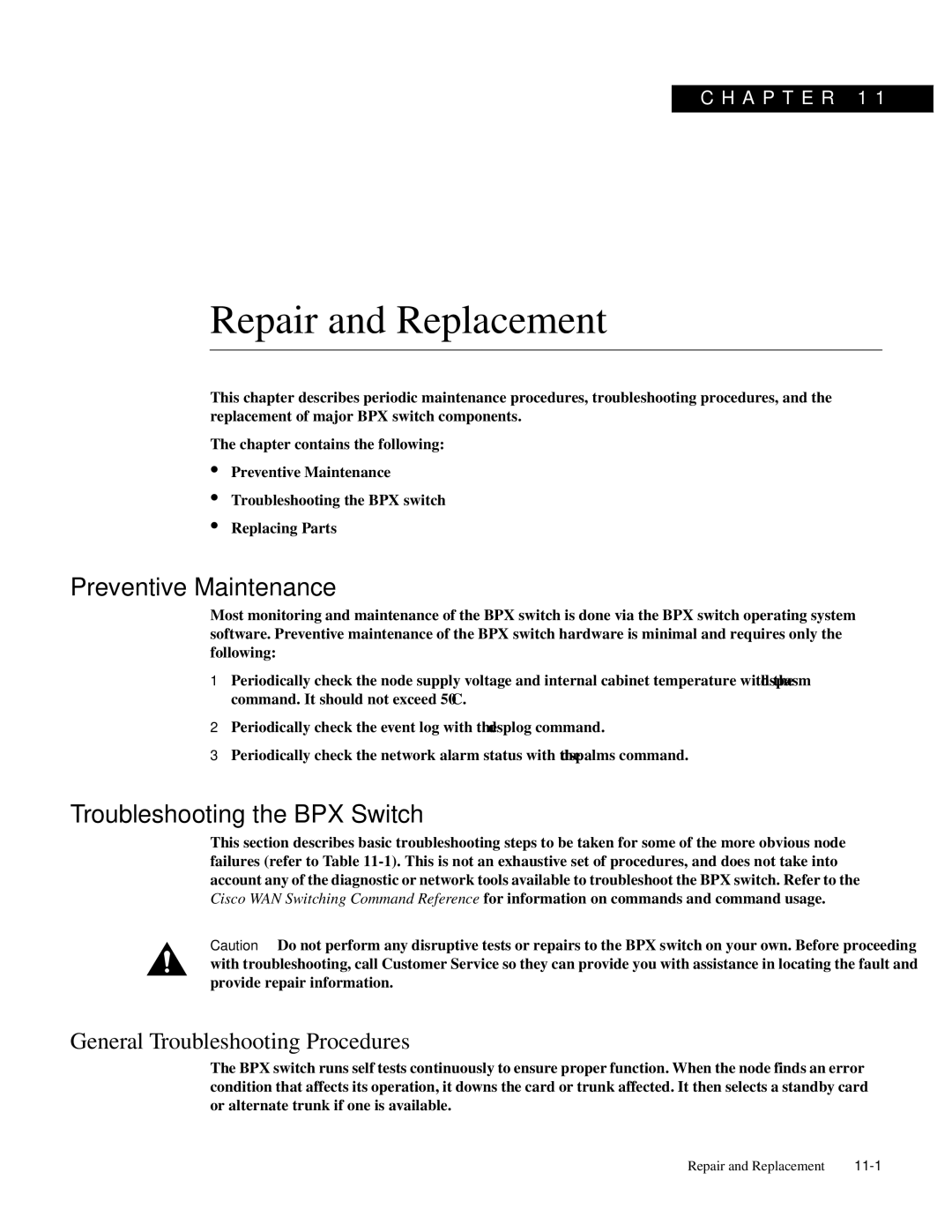 Cisco Systems 8600 Series manual Repair and Replacement, Preventive Maintenance, Troubleshooting the BPX Switch 