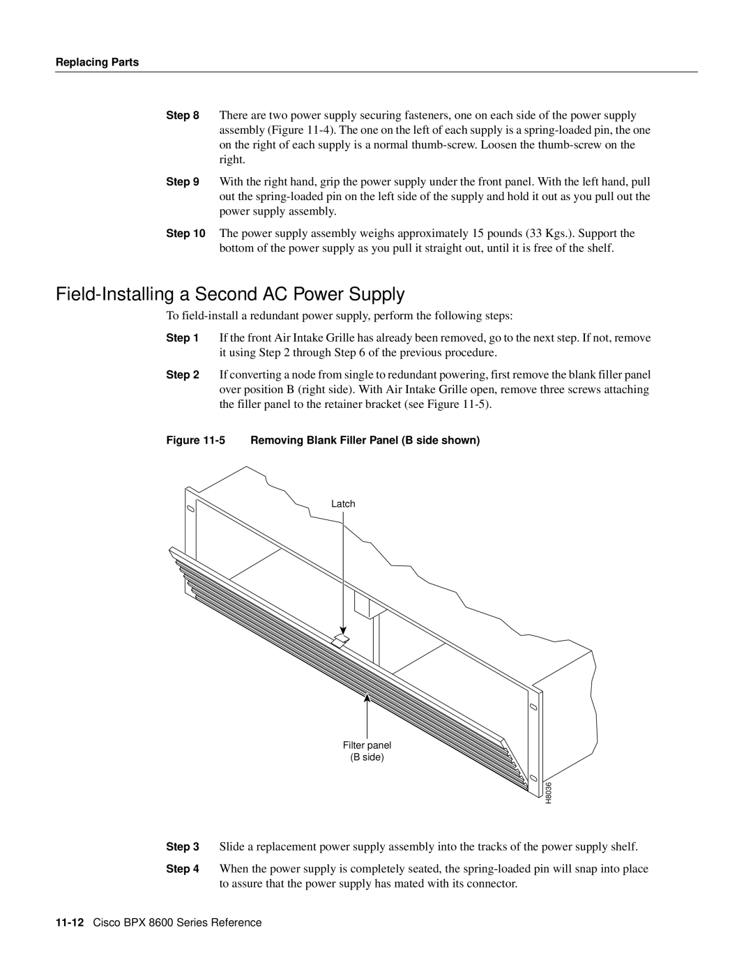 Cisco Systems 8600 Series manual Field-Installing a Second AC Power Supply, Removing Blank Filler Panel B side shown 