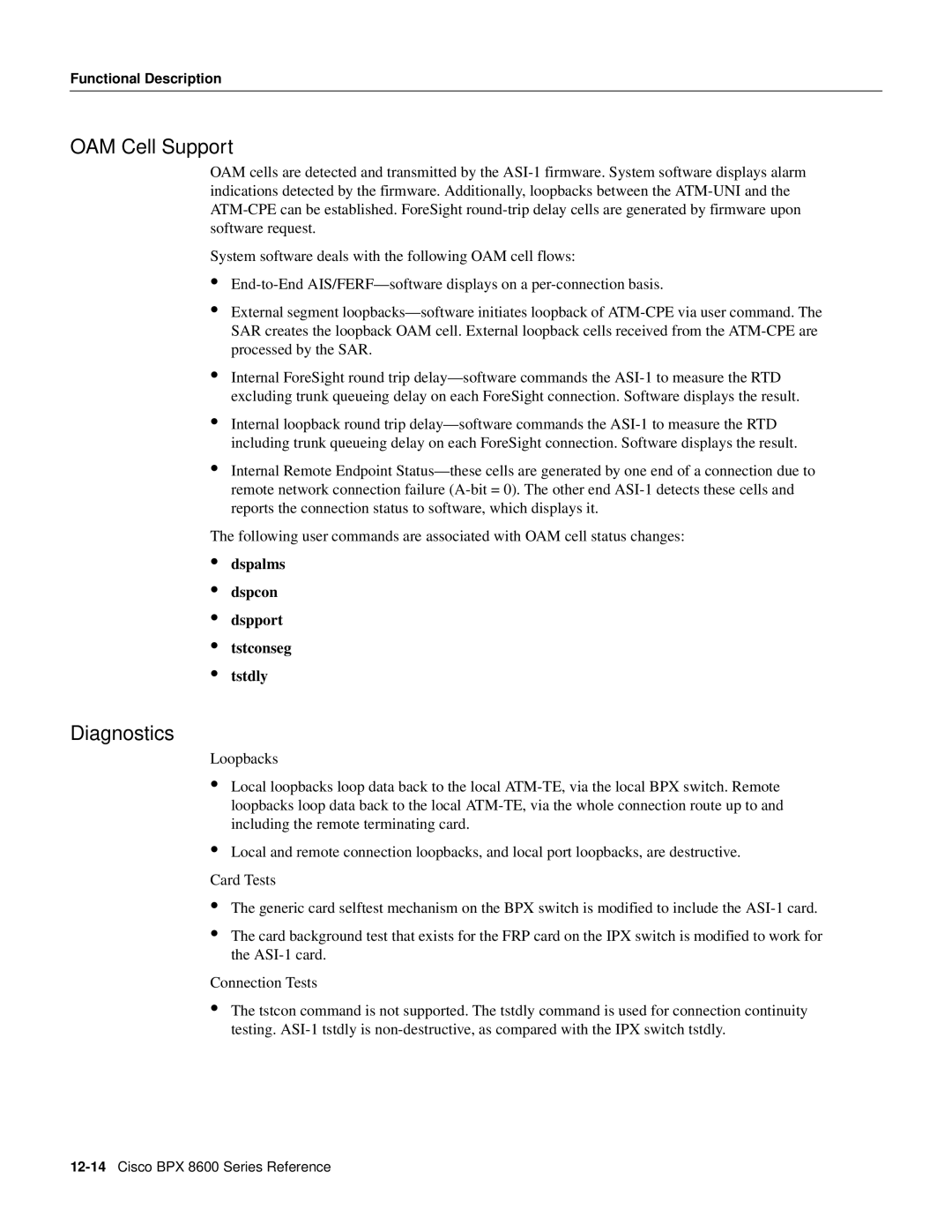 Cisco Systems 8600 Series manual OAM Cell Support, Diagnostics, Dspalms Dspcon Dspport Tstconseg Tstdly 