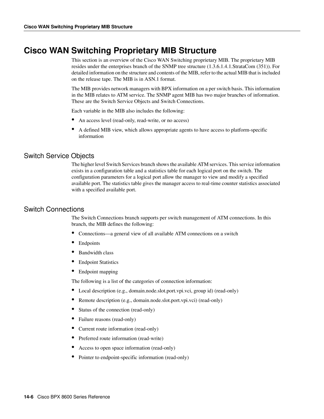 Cisco Systems 8600 Series manual Cisco WAN Switching Proprietary MIB Structure, Switch Service Objects, Switch Connections 