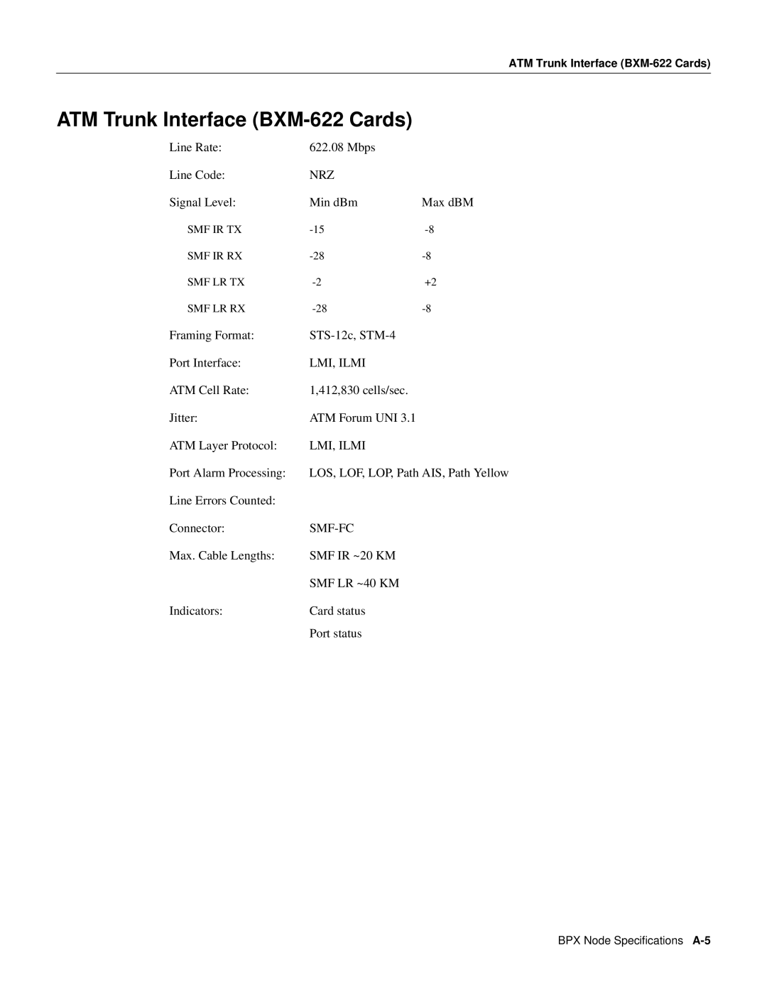 Cisco Systems 8600 Series manual ATM Trunk Interface BXM-622 Cards, Smf Ir Tx Smf Ir Rx Smf Lr Tx Smf Lr Rx 