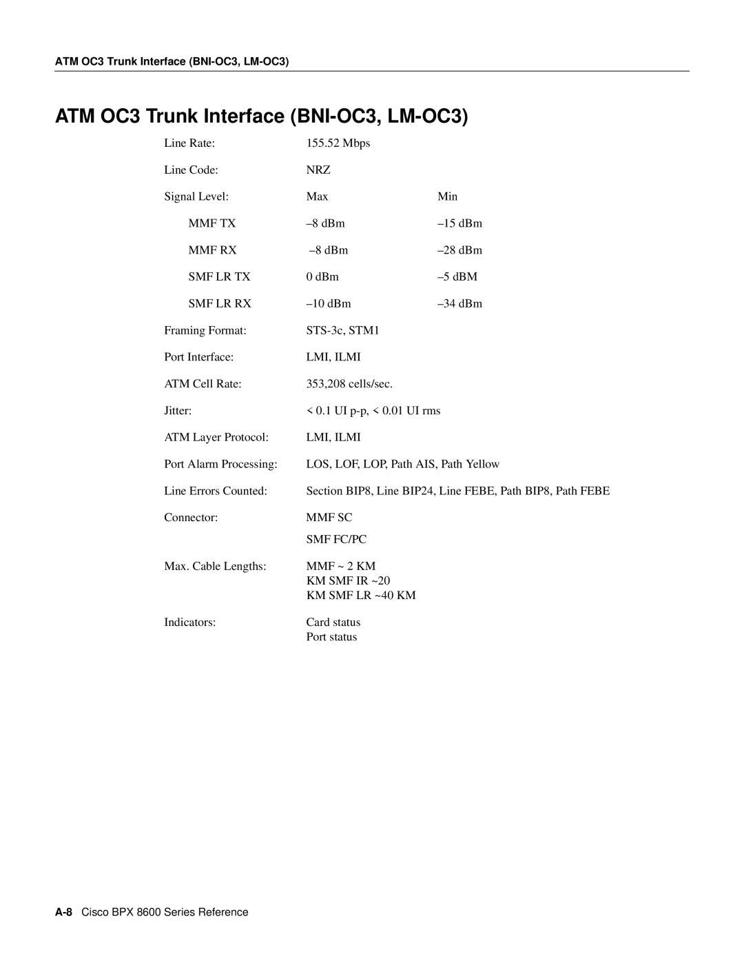 Cisco Systems 8600 Series manual ATM OC3 Trunk Interface BNI-OC3, LM-OC3 