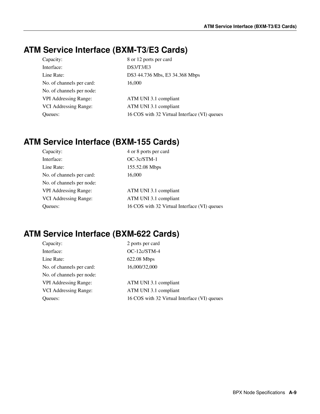 Cisco Systems 8600 Series manual ATM Service Interface BXM-T3/E3 Cards, ATM Service Interface BXM-155 Cards 