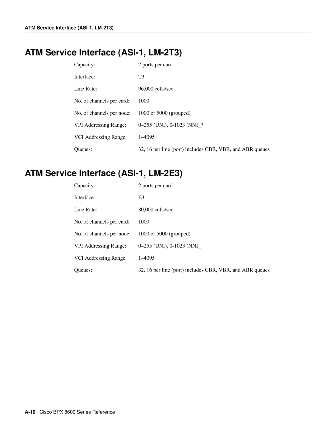 Cisco Systems 8600 Series manual ATM Service Interface ASI-1, LM-2T3, ATM Service Interface ASI-1, LM-2E3 