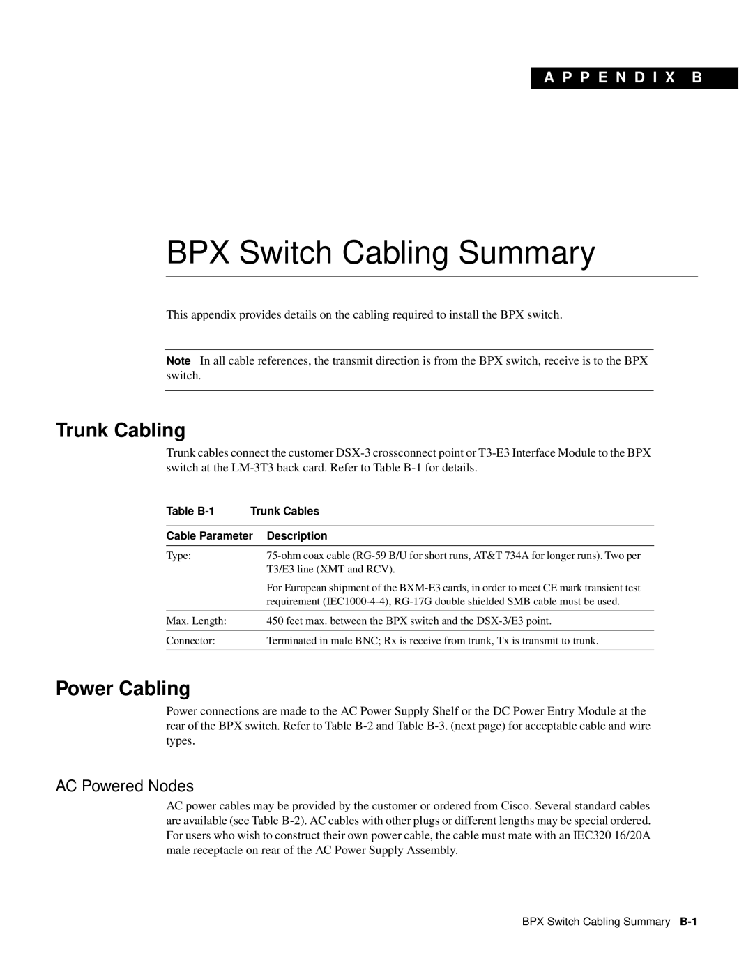 Cisco Systems 8600 Series manual BPX Switch Cabling Summary, Trunk Cabling, Power Cabling, AC Powered Nodes 