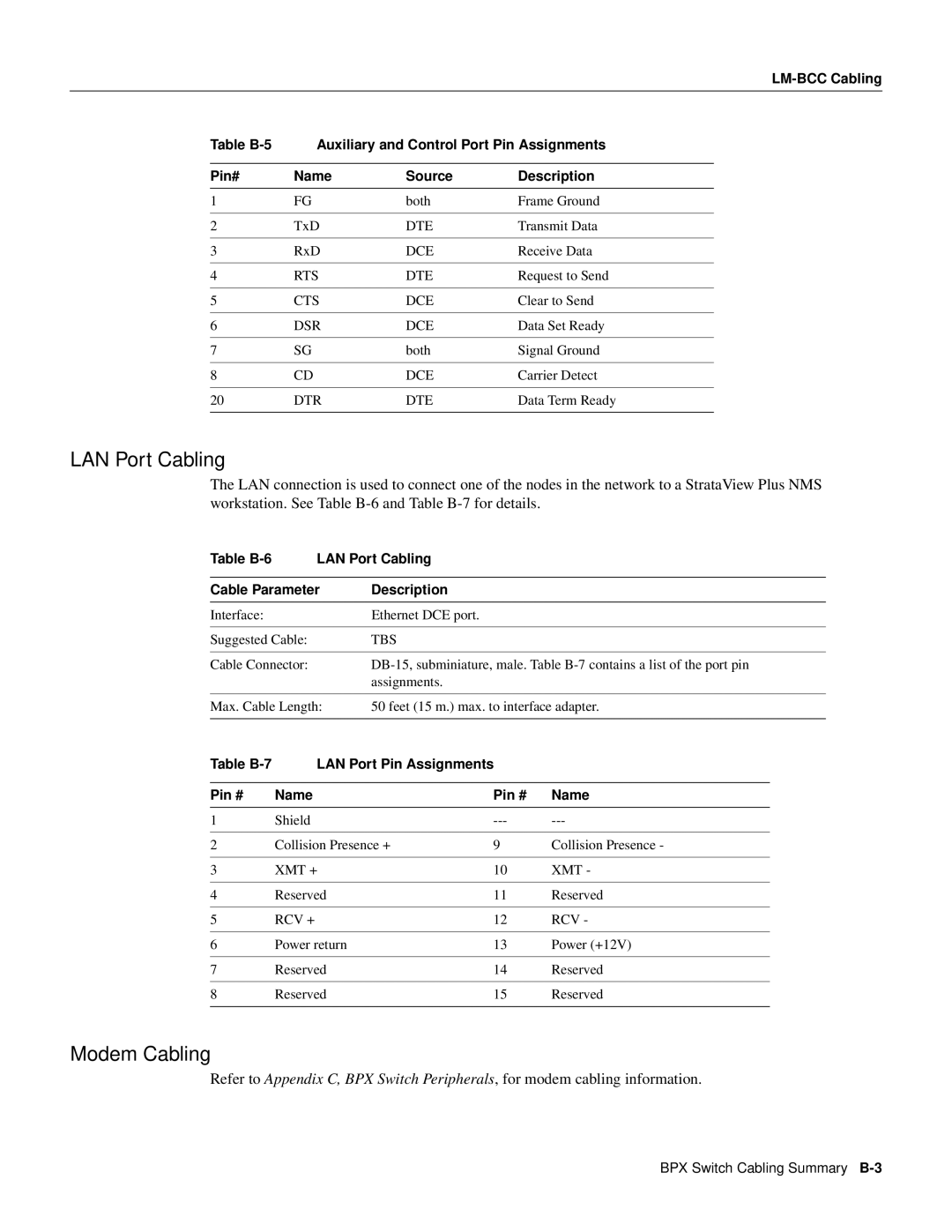 Cisco Systems 8600 Series manual Modem Cabling, Table B-6 LAN Port Cabling Cable Parameter Description 