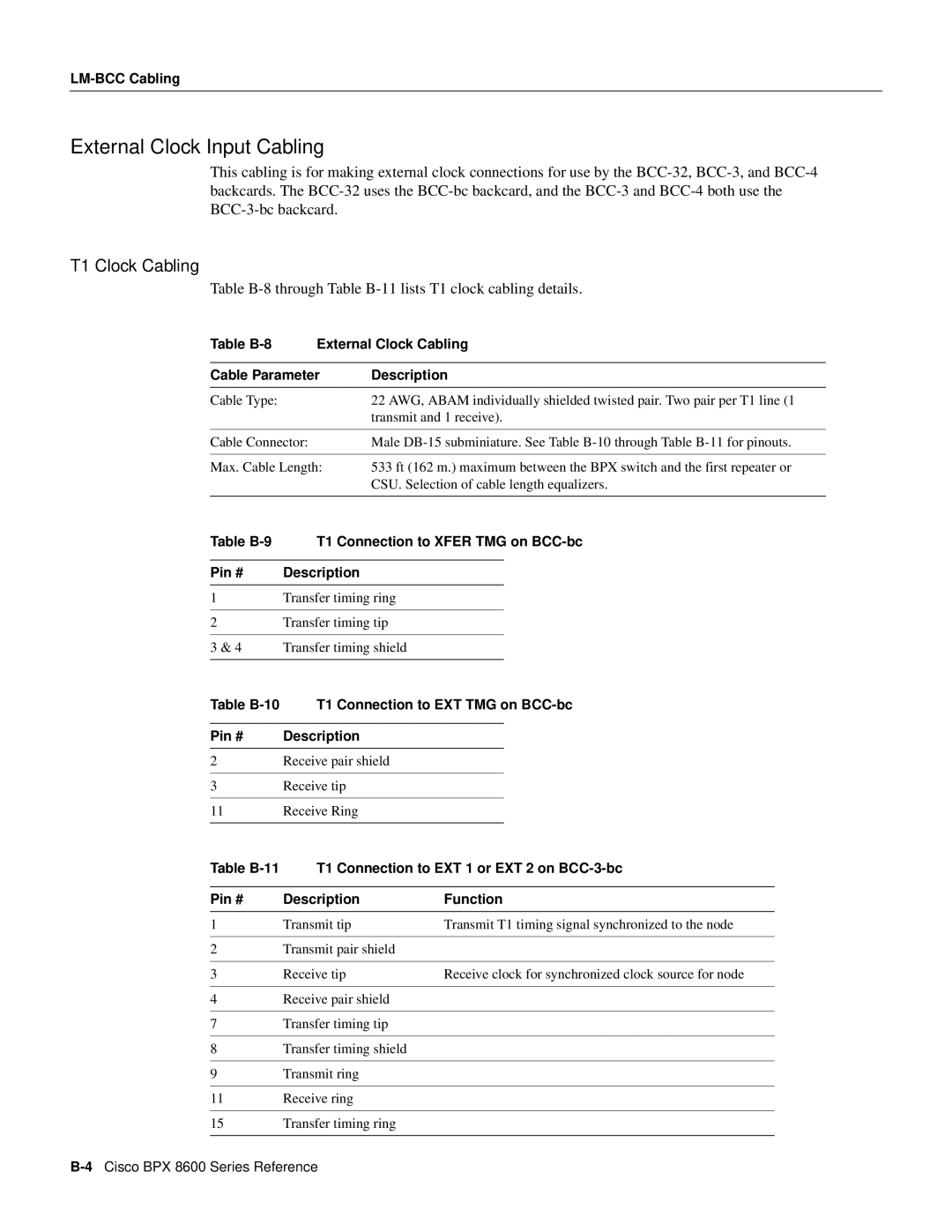 Cisco Systems 8600 Series manual External Clock Input Cabling, T1 Clock Cabling, LM-BCC Cabling 