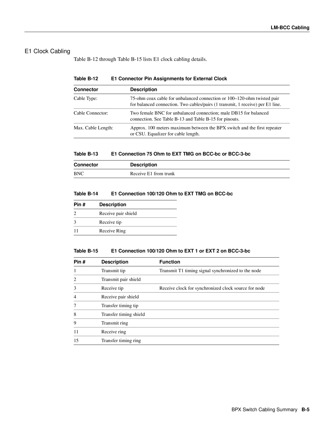 Cisco Systems 8600 Series manual E1 Clock Cabling, Table B-12through Table B-15lists E1 clock cabling details 