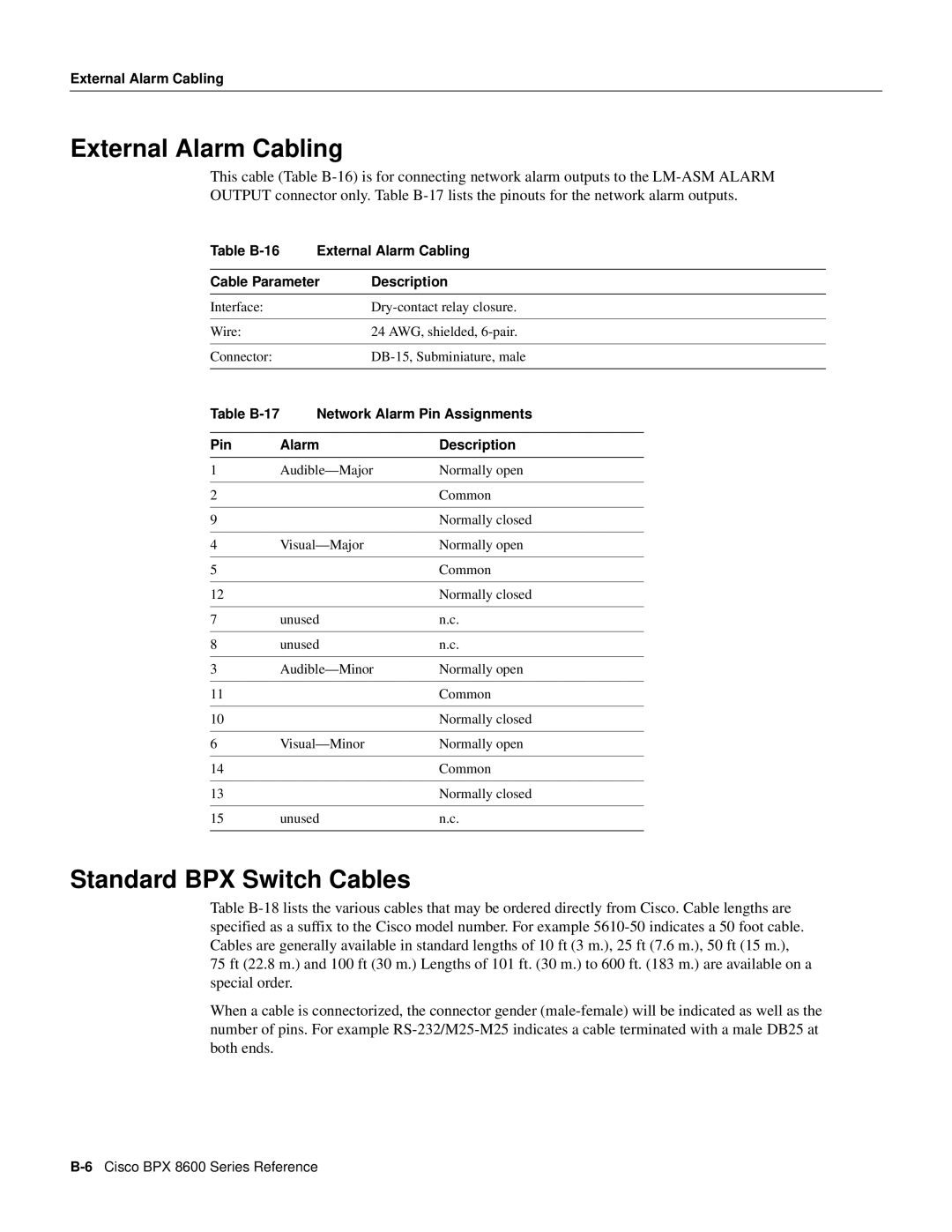 Cisco Systems 8600 Series manual External Alarm Cabling, Standard BPX Switch Cables 