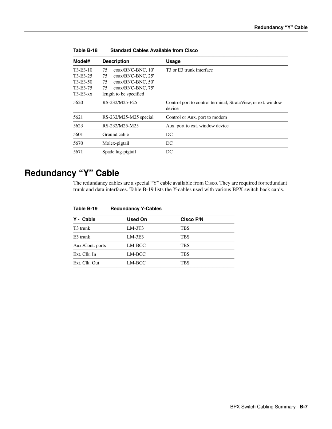 Cisco Systems 8600 Series manual Redundancy Y Cable, Table B-19 Redundancy Y-Cables Used On Cisco P/N, Lm-Bcc Tbs 