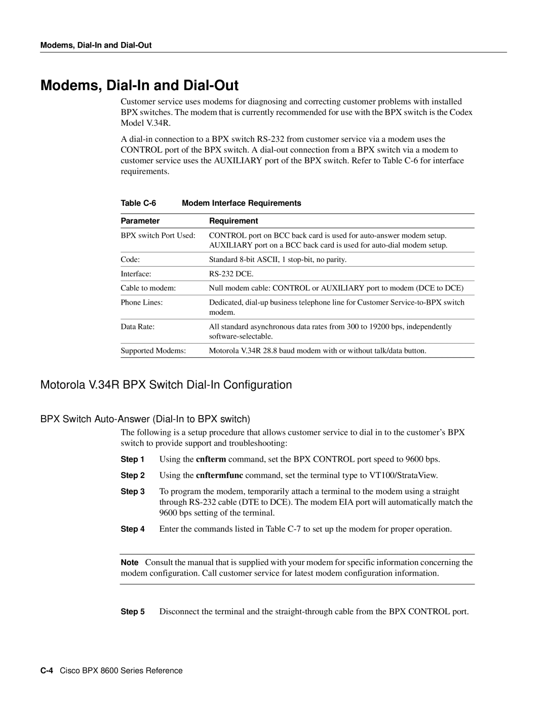 Cisco Systems 8600 Series manual Modems, Dial-In and Dial-Out, Motorola V.34R BPX Switch Dial-In Configuration 