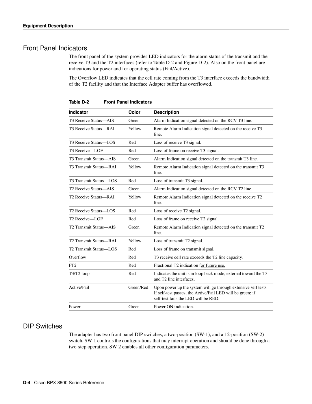 Cisco Systems 8600 Series manual DIP Switches, Table D-2 Front Panel Indicators Color Description, FT2 