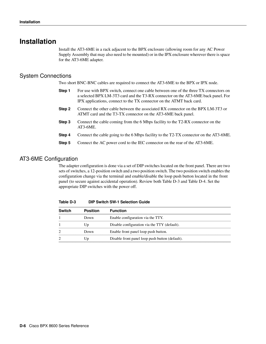 Cisco Systems 8600 Series manual Installation, System Connections, AT3-6ME Configuration 