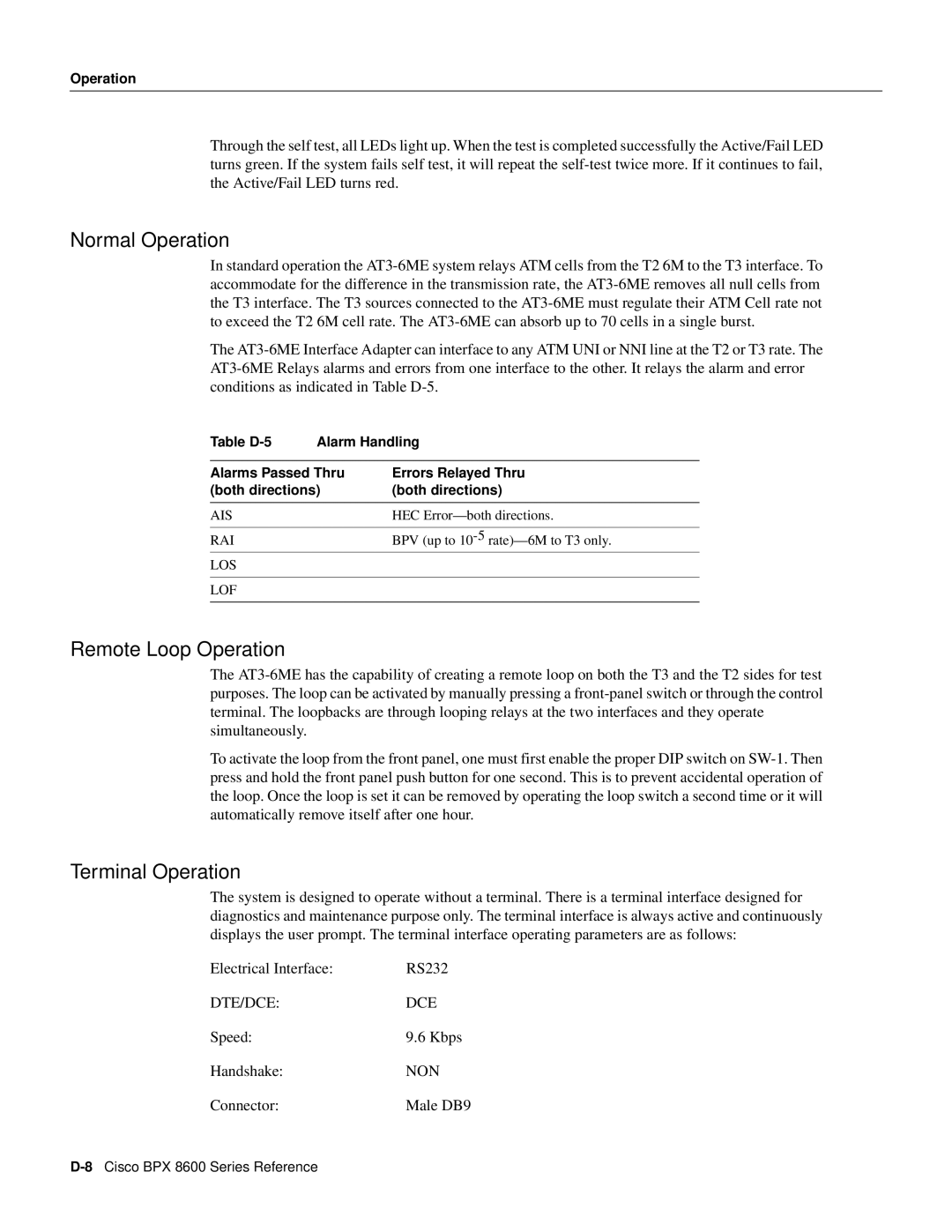 Cisco Systems 8600 Series manual Normal Operation, Remote Loop Operation, Terminal Operation 