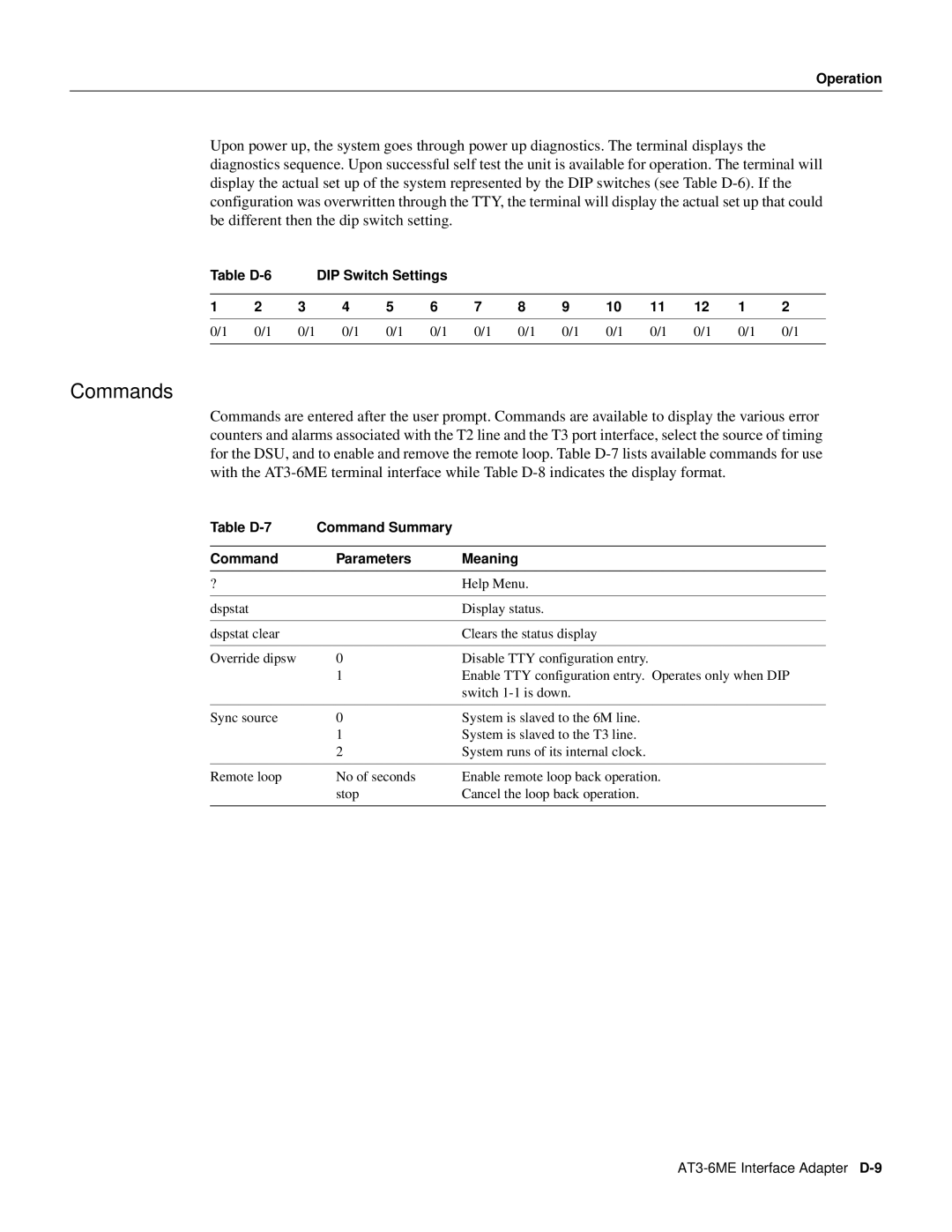 Cisco Systems 8600 Series manual Commands, Table D-6 DIP Switch Settings, Table D-7 Command Summary Parameters Meaning 