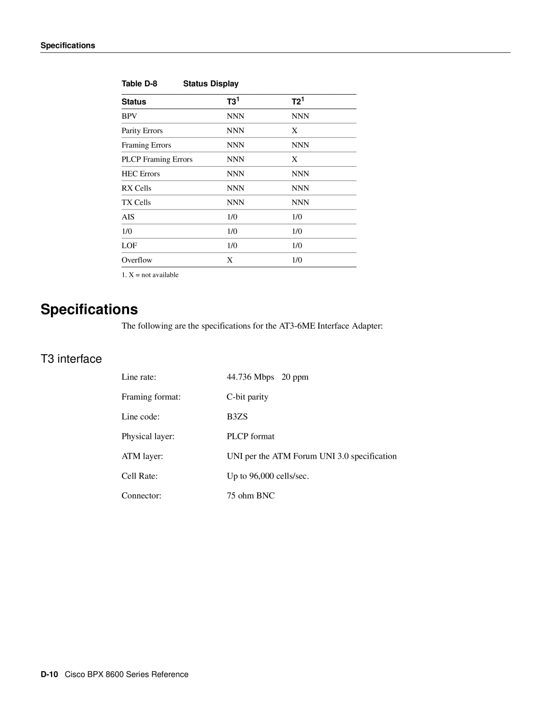 Cisco Systems 8600 Series manual T3 interface, Specifications Table D-8 Status Display, Bpv Nnn, Nnn Ais Lof 