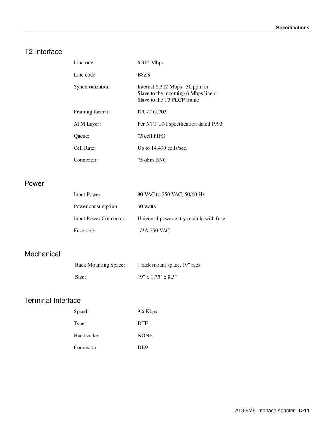 Cisco Systems 8600 Series manual T2 Interface, Power, Mechanical, Terminal Interface, Specifications 