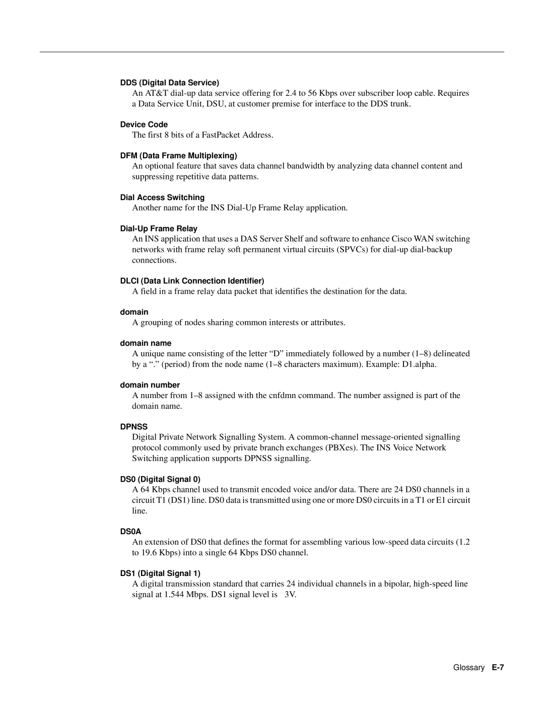 Cisco Systems 8600 Series manual DDS Digital Data Service, Device Code, DFM Data Frame Multiplexing, Dial Access Switching 