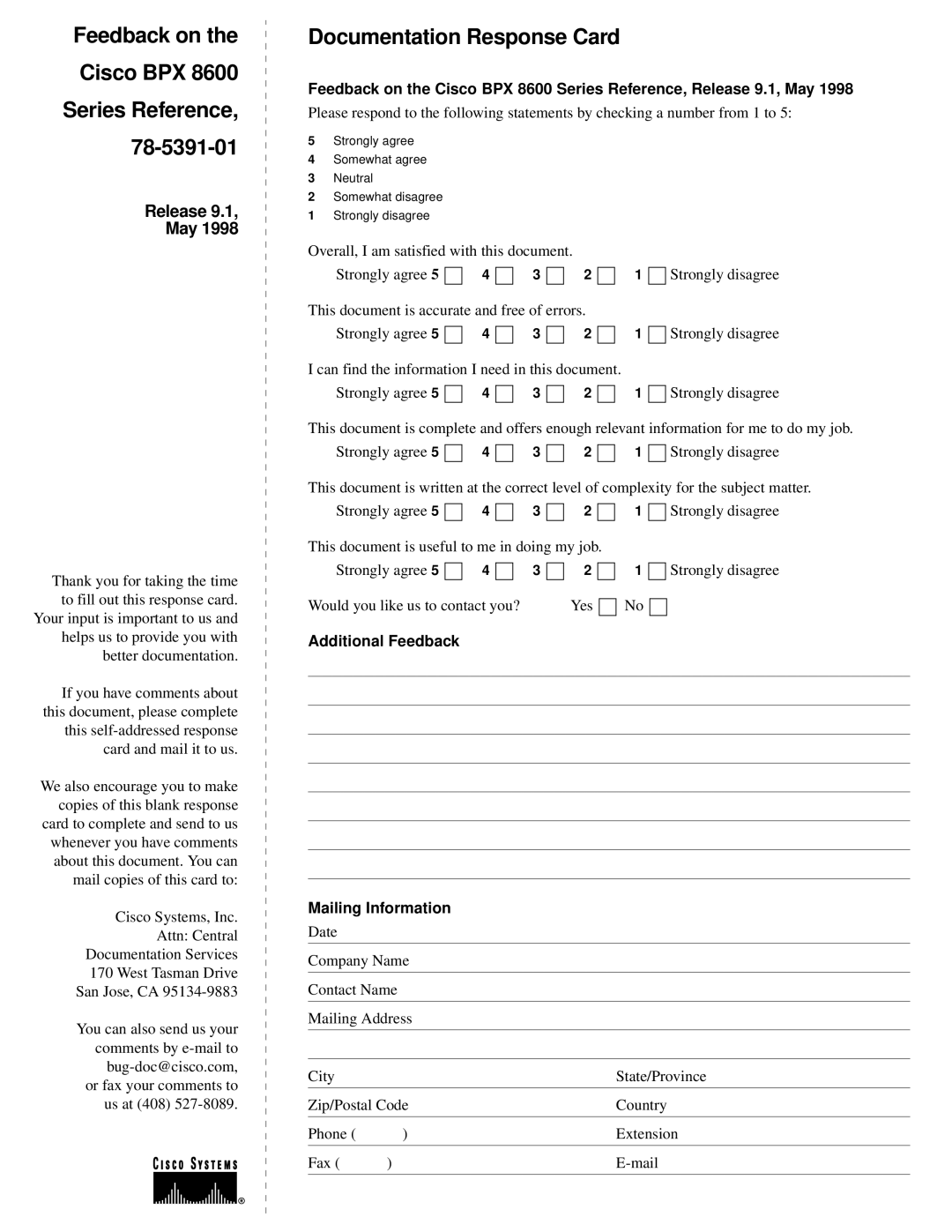 Cisco Systems 8600 Series manual Documentation Response Card, Strongly agree Strongly disagree 