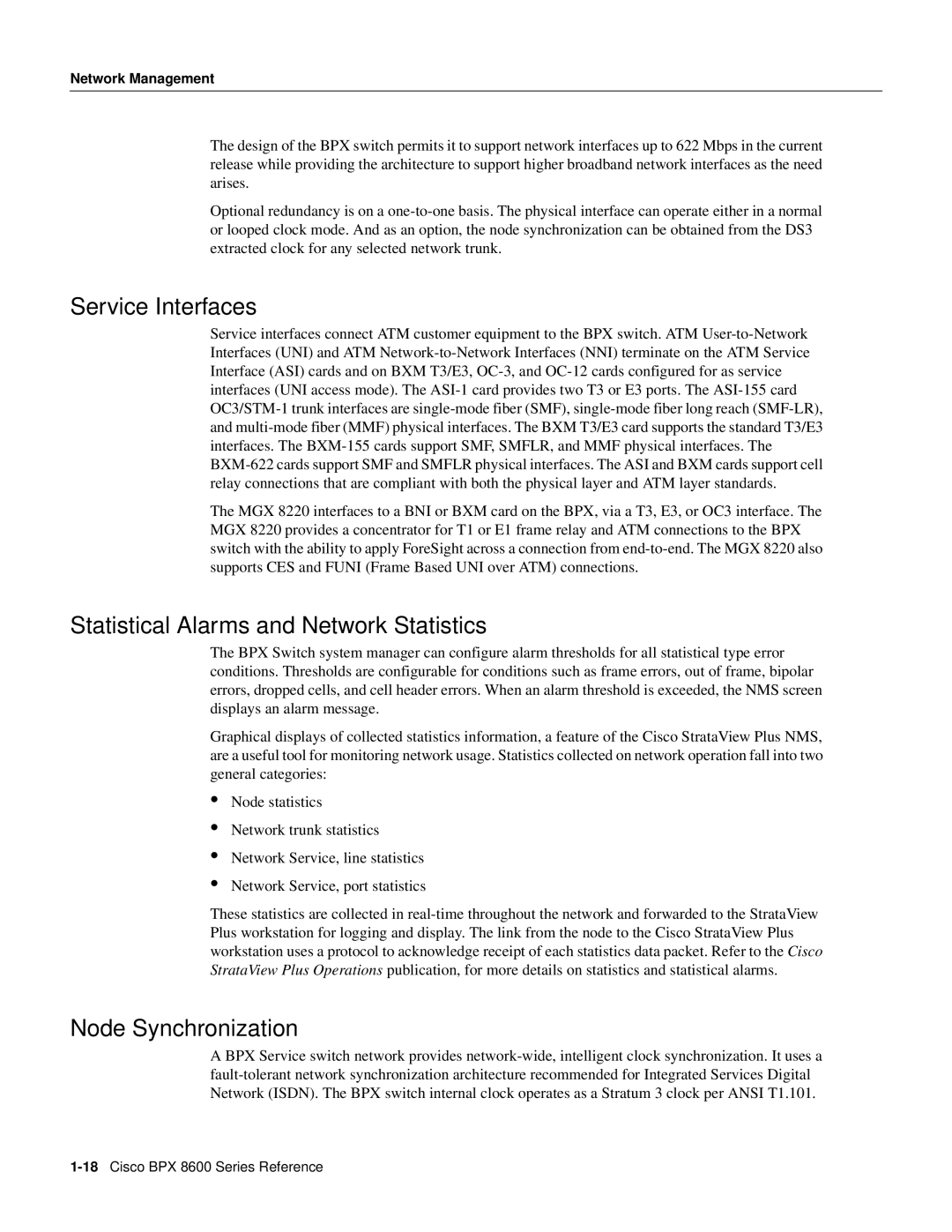 Cisco Systems 8600 Series manual Service Interfaces, Statistical Alarms and Network Statistics, Node Synchronization 