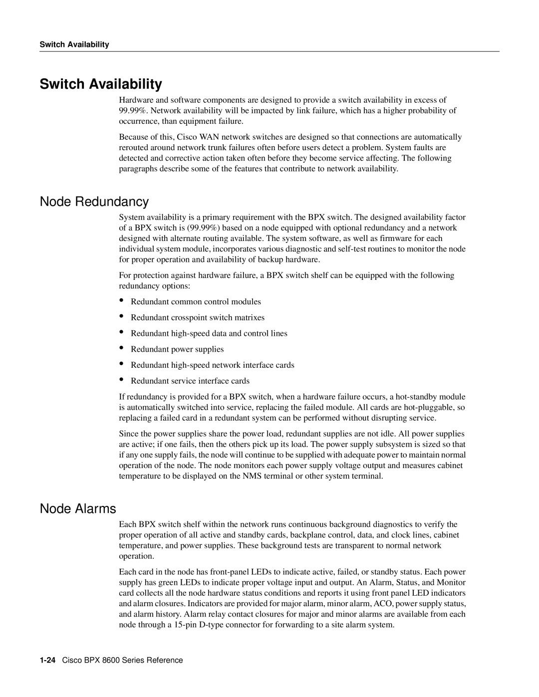 Cisco Systems 8600 Series manual Switch Availability, Node Redundancy, Node Alarms 