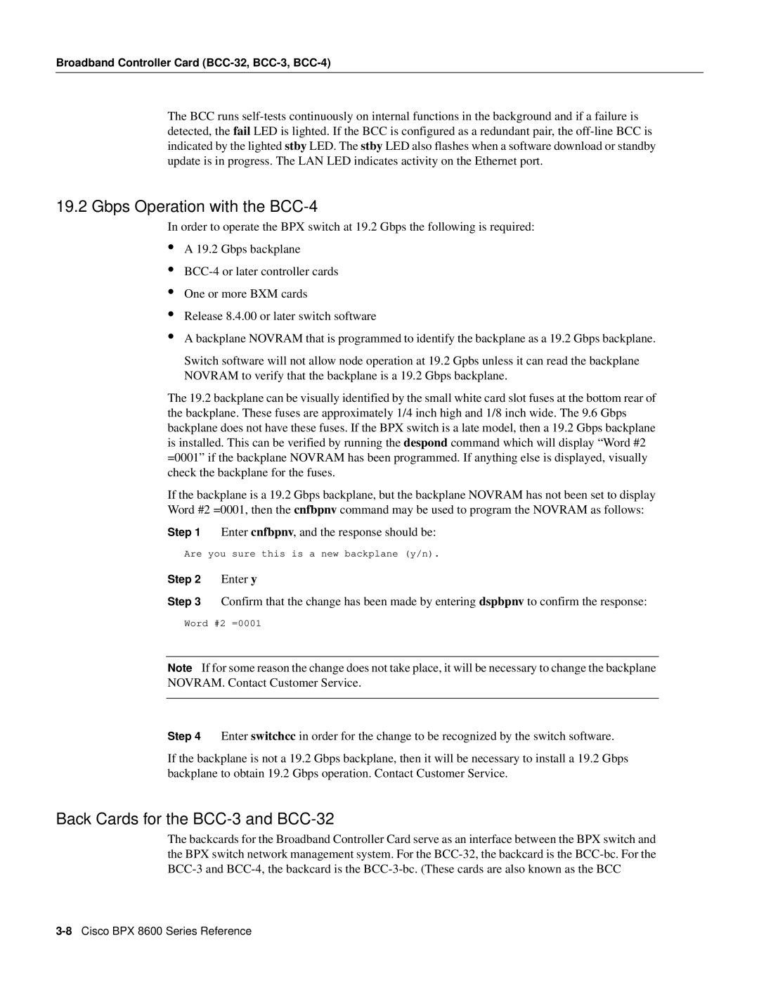 Cisco Systems 8600 Series manual Gbps Operation with the BCC-4, Back Cards for the BCC-3 and BCC-32, Enter y, Step 