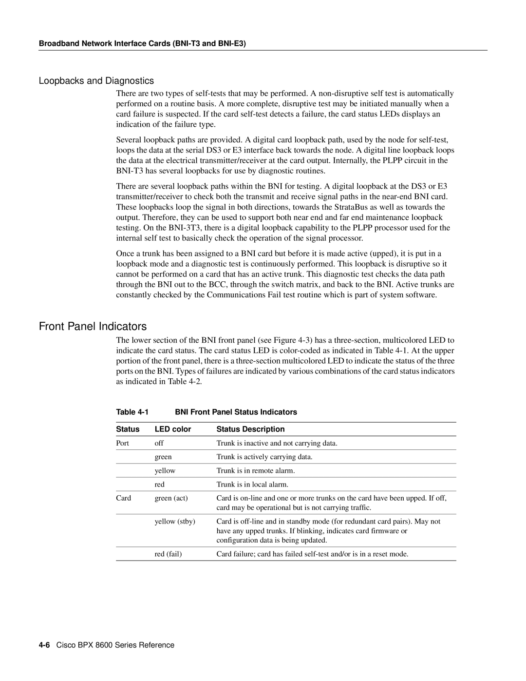 Cisco Systems 8600 Series manual Front Panel Indicators, Loopbacks and Diagnostics, BNI Front Panel Status Indicators 