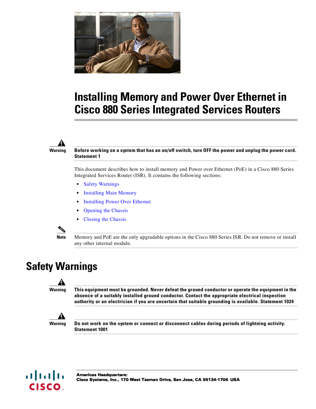 Cisco Systems 880 Series manual Safety Warnings Installing Main Memory Installing Power Over Ethernet 