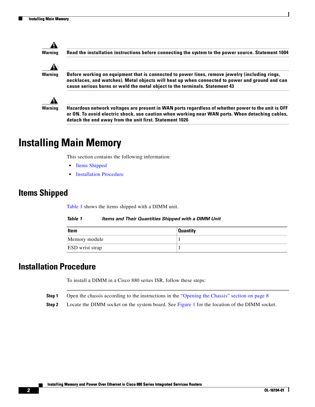Cisco Systems 880 Series manual Installing Main Memory, Items Shipped, Installation Procedure 