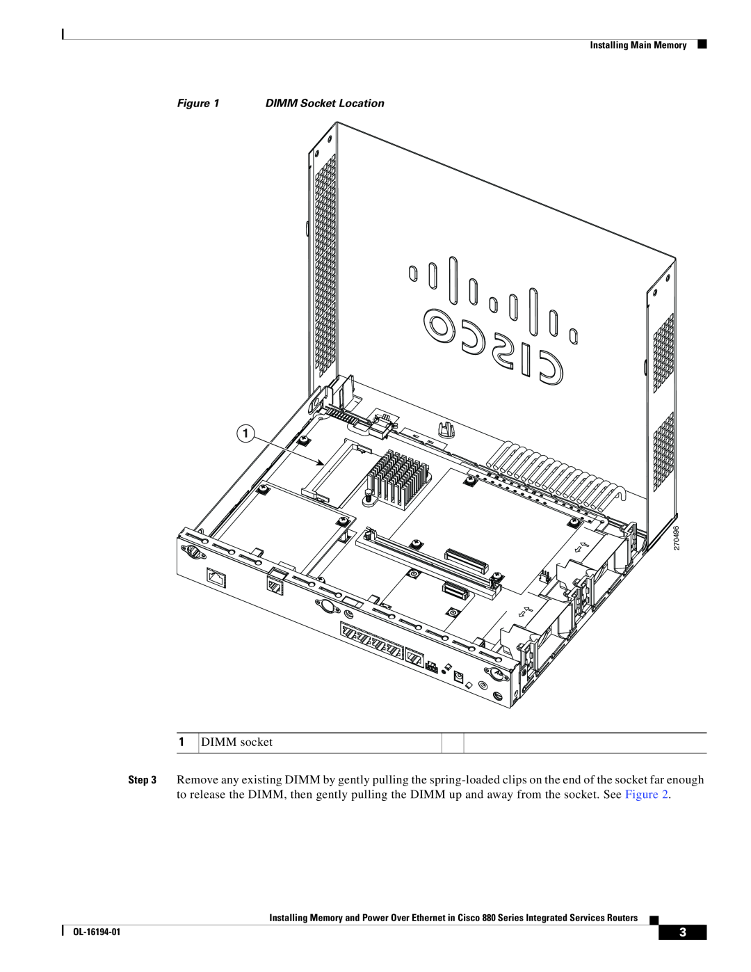 Cisco Systems 880 Series manual DIMM socket, DIMM Socket Location, Installing Main Memory, OL-16194-01 