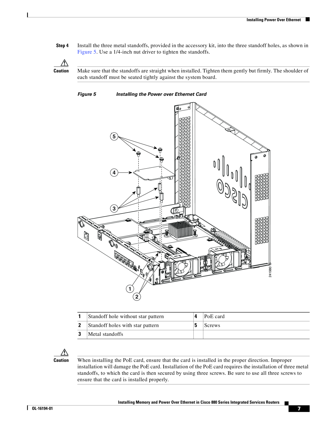 Cisco Systems 880 Series manual Installing the Power over Ethernet Card 
