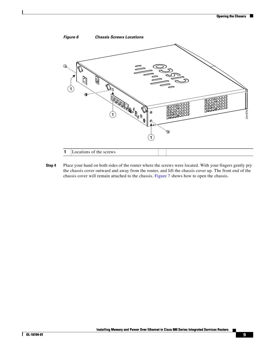 Cisco Systems 880 Series manual Locations of the screws 
