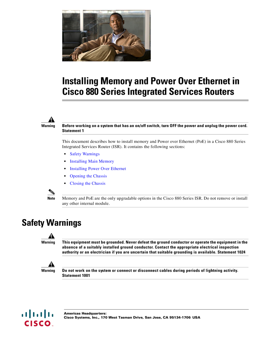 Cisco Systems 880 Series manual Safety Warnings 