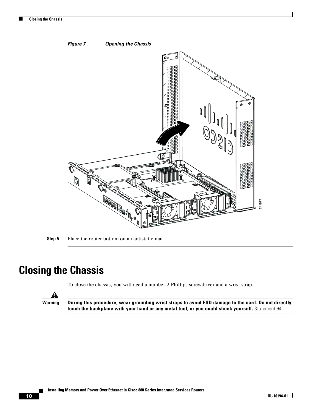 Cisco Systems 880 Series manual Closing the Chassis 