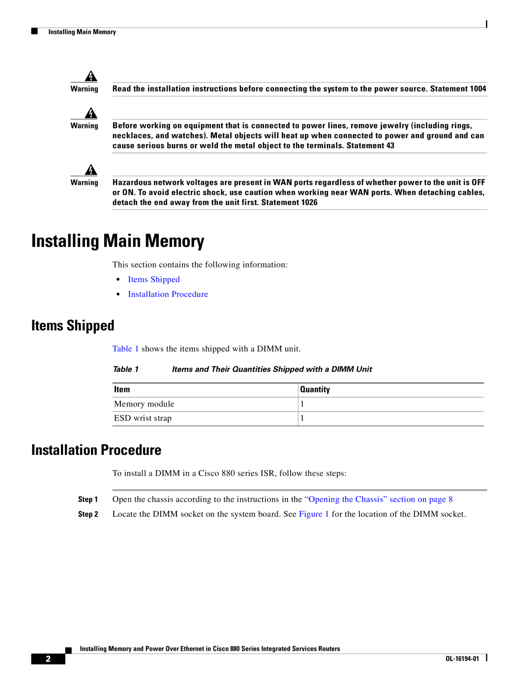 Cisco Systems 880 Series manual Installing Main Memory, Items Shipped 