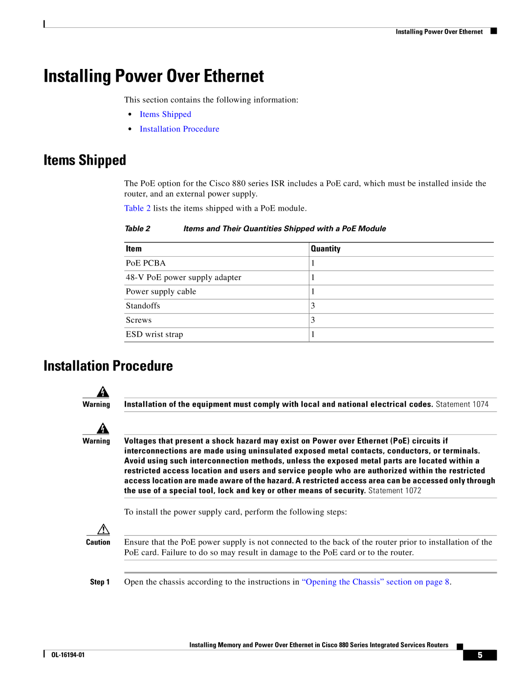 Cisco Systems 880 Series manual Installing Power Over Ethernet 