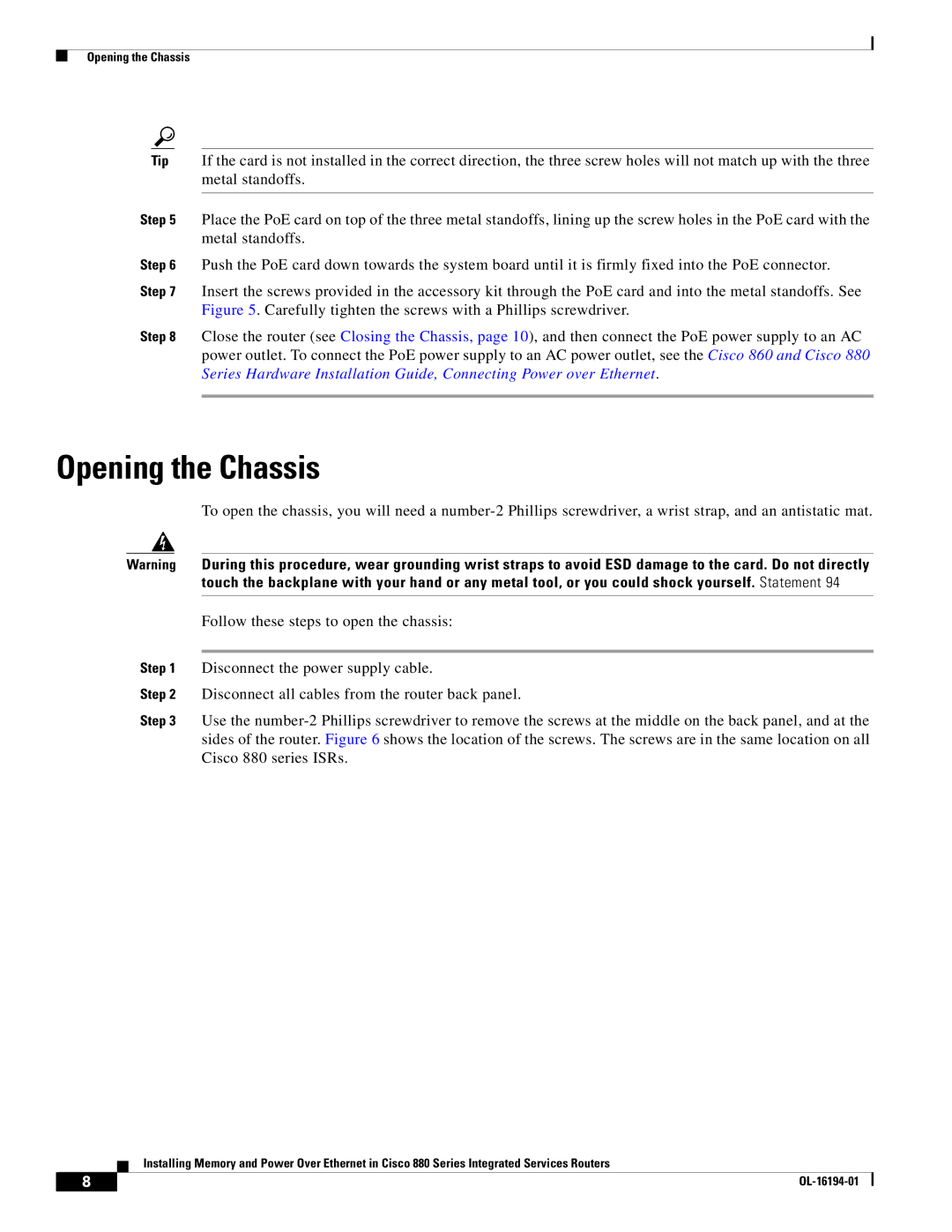 Cisco Systems 880 Series manual Opening the Chassis 