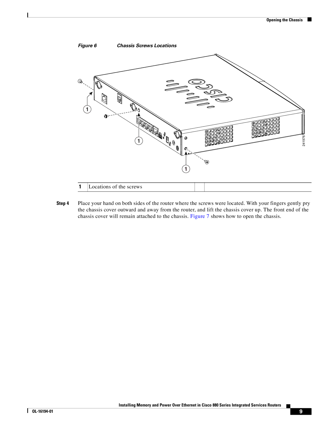 Cisco Systems 880 Series manual Chassis Screws Locations 