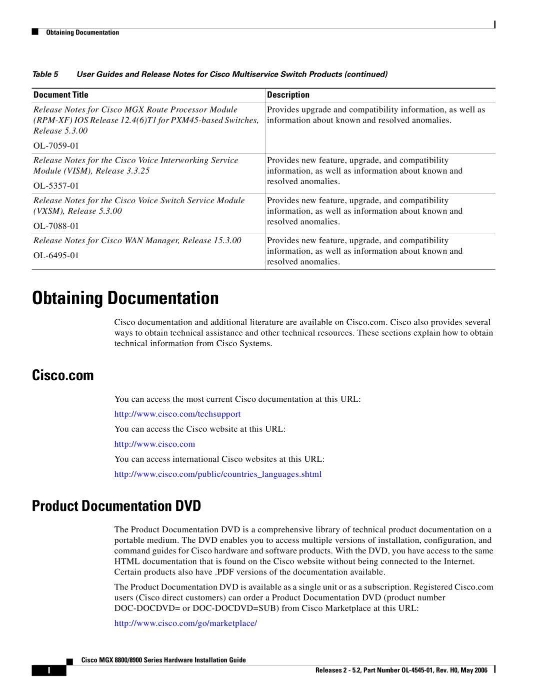 Cisco Systems 8900, 8800 specifications Obtaining Documentation, Cisco.com, Product Documentation DVD 