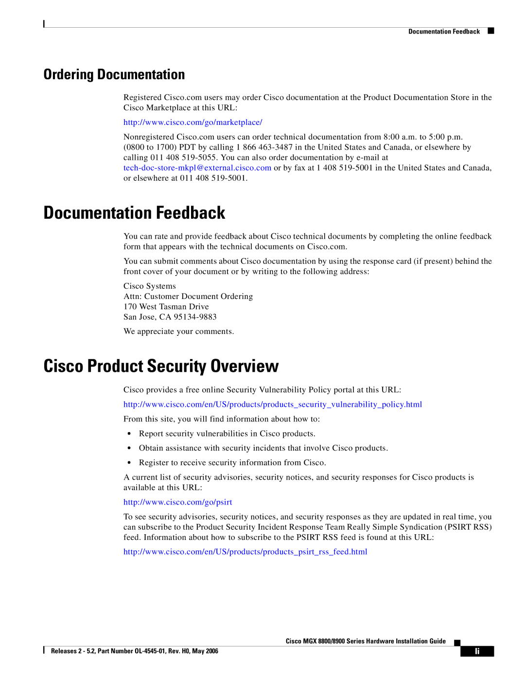 Cisco Systems 8800, 8900 specifications Documentation Feedback, Cisco Product Security Overview, Ordering Documentation 