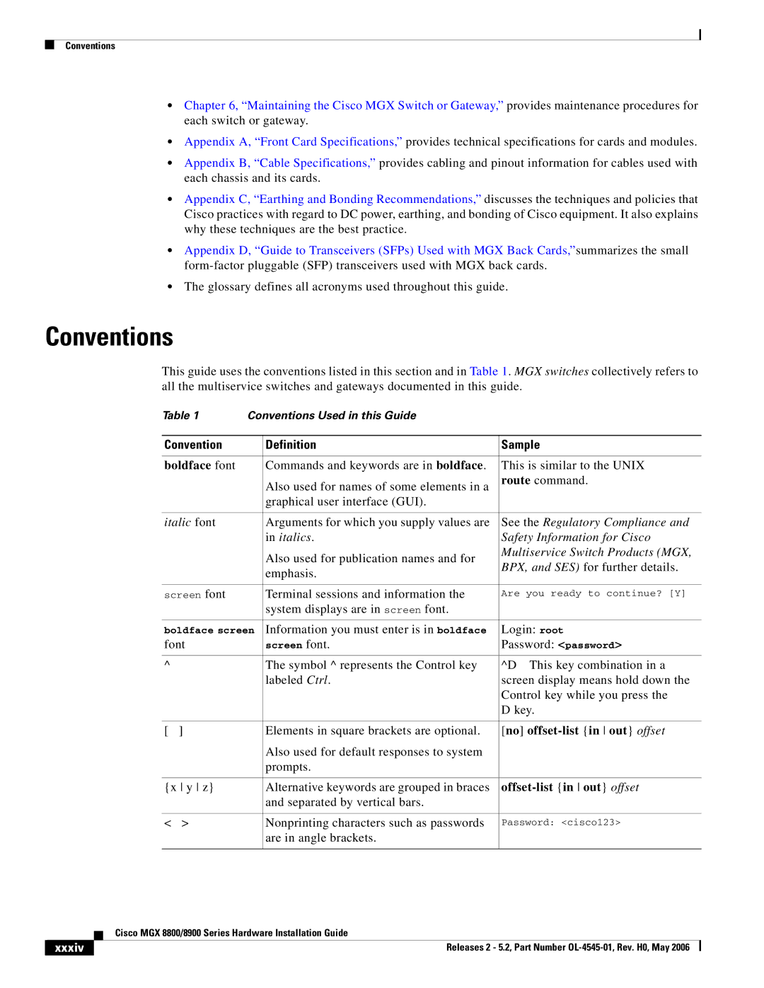 Cisco Systems 8900, 8800 specifications Conventions, Xxxiv 