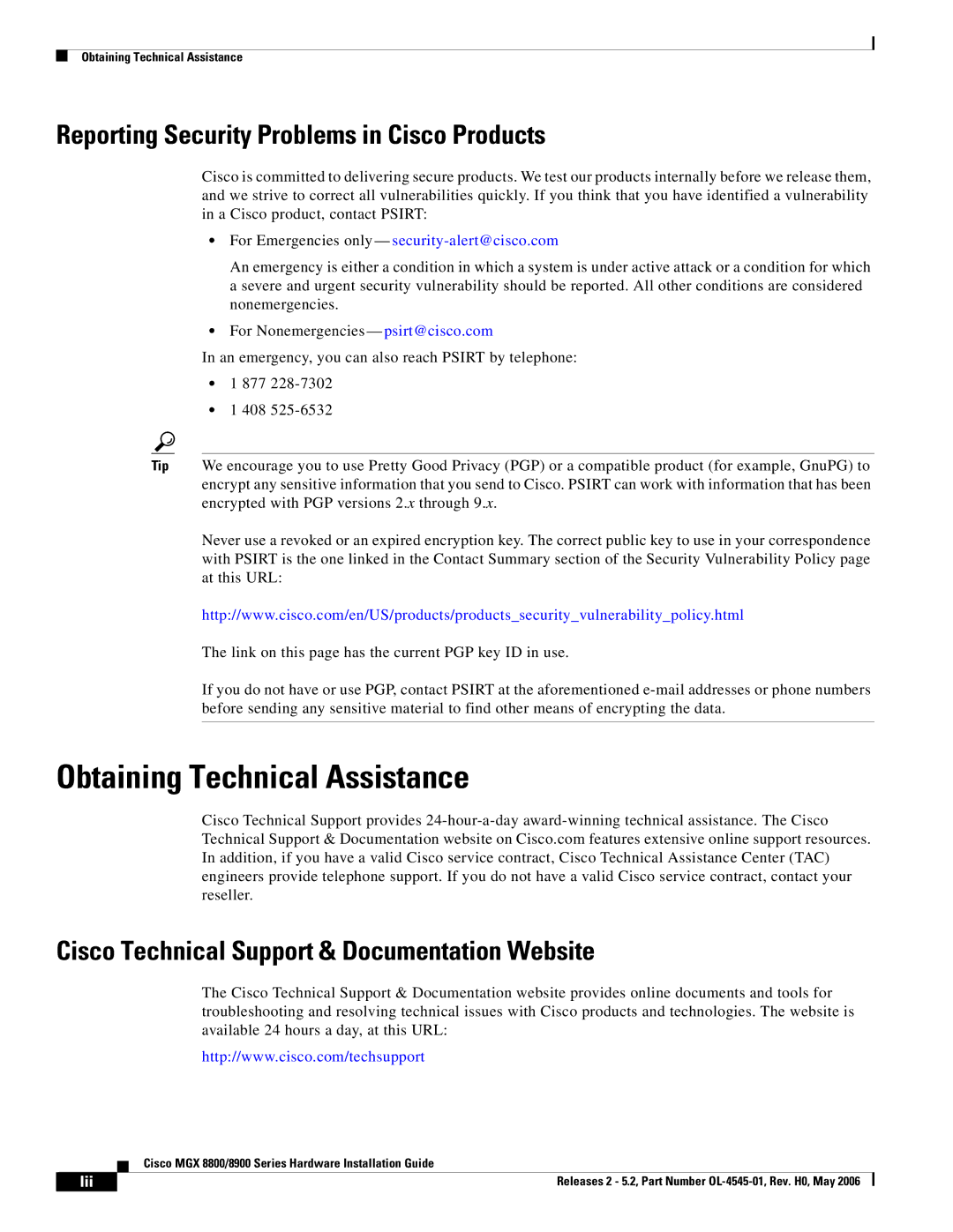 Cisco Systems 8900, 8800 specifications Obtaining Technical Assistance, Reporting Security Problems in Cisco Products, Lii 
