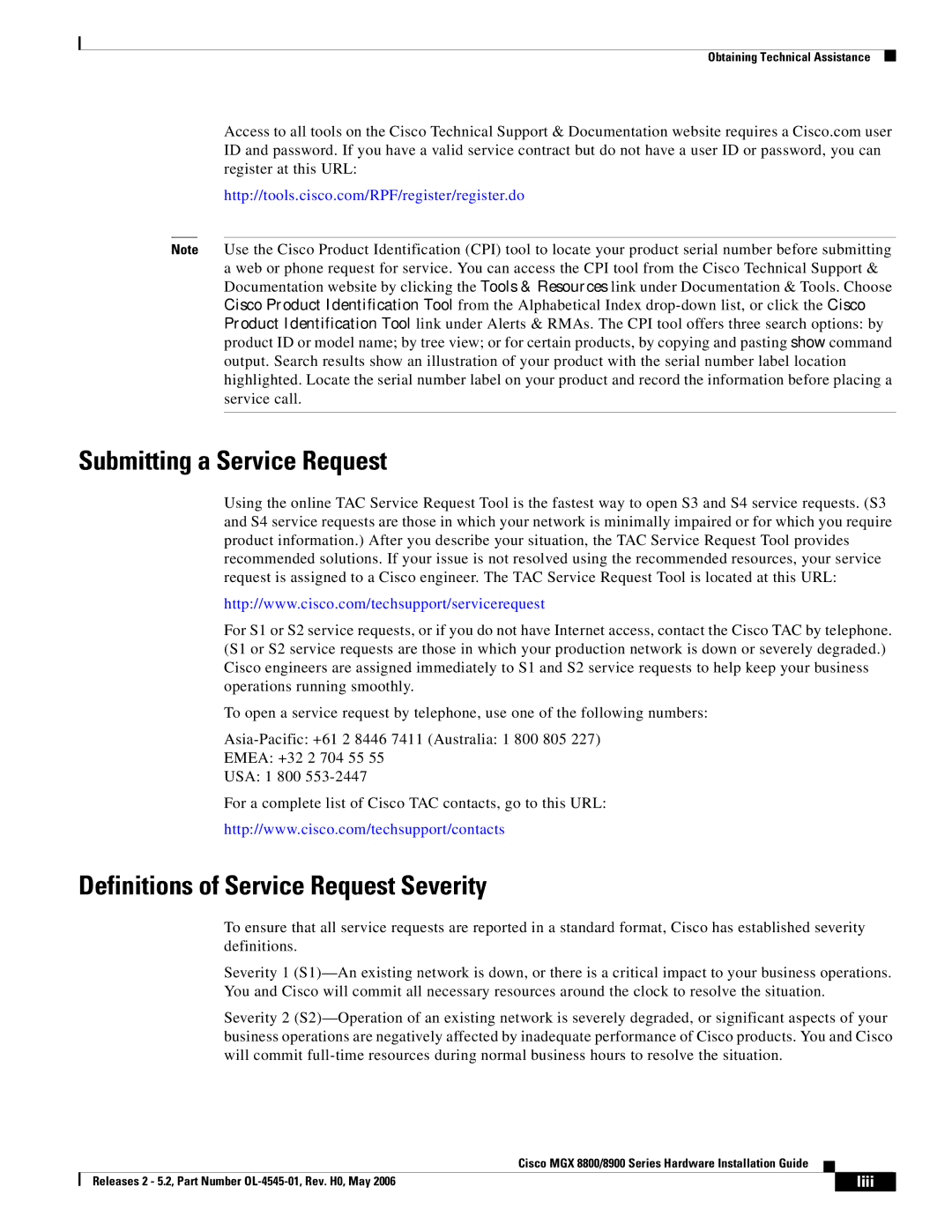 Cisco Systems 8800, 8900 specifications Submitting a Service Request, Definitions of Service Request Severity, Liii 